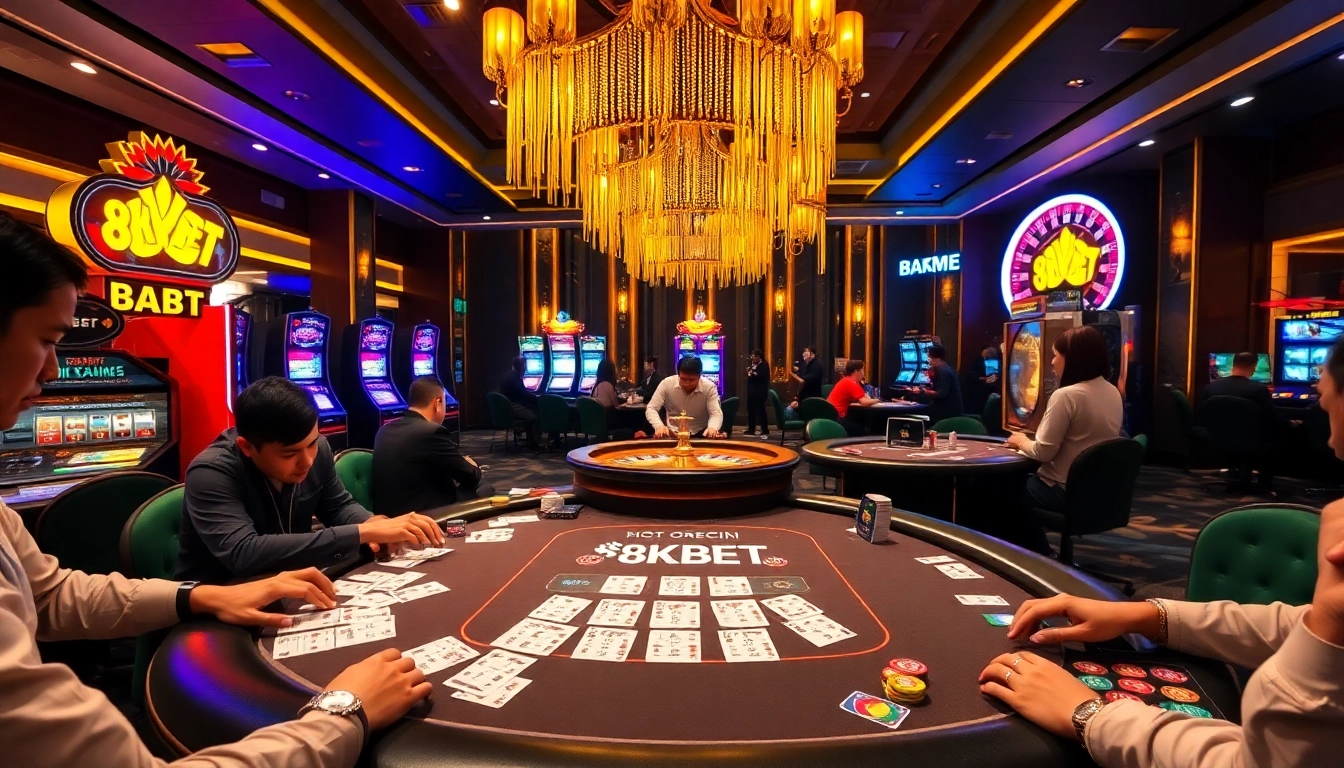 Engaged players enjoy the 8KBET GAME experience at a vibrant casino table filled with poker chips and cards.