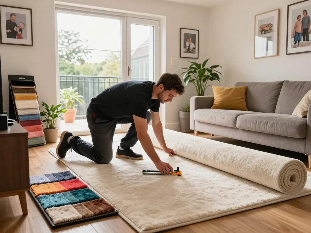 Expert carpet fitting services West London in a cozy living room with vibrant samples.