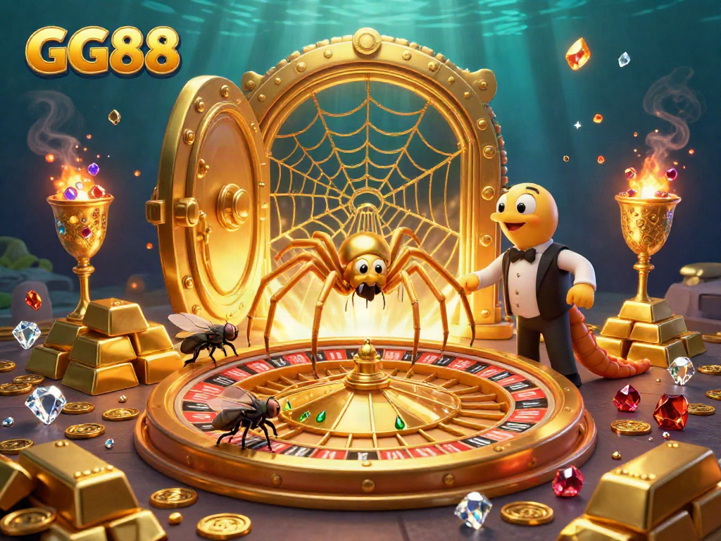 Engage with GG88 at an animated roulette scene, where a golden spider spins a web, and treasure glimmers.