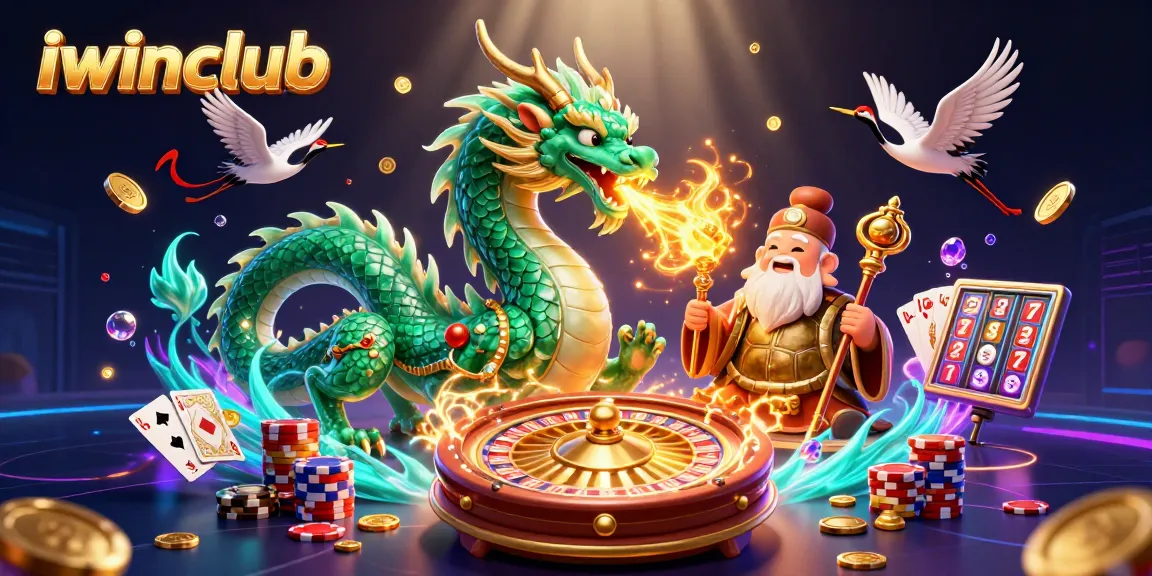 Iwinclub features a vibrant 3D casino scene with a dragon and turtle amidst dynamic game elements.