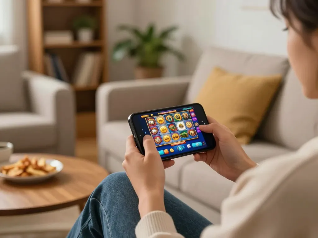 Enjoying Jili slot games on a smartphone in a cozy home setting, showcasing mobile gaming.