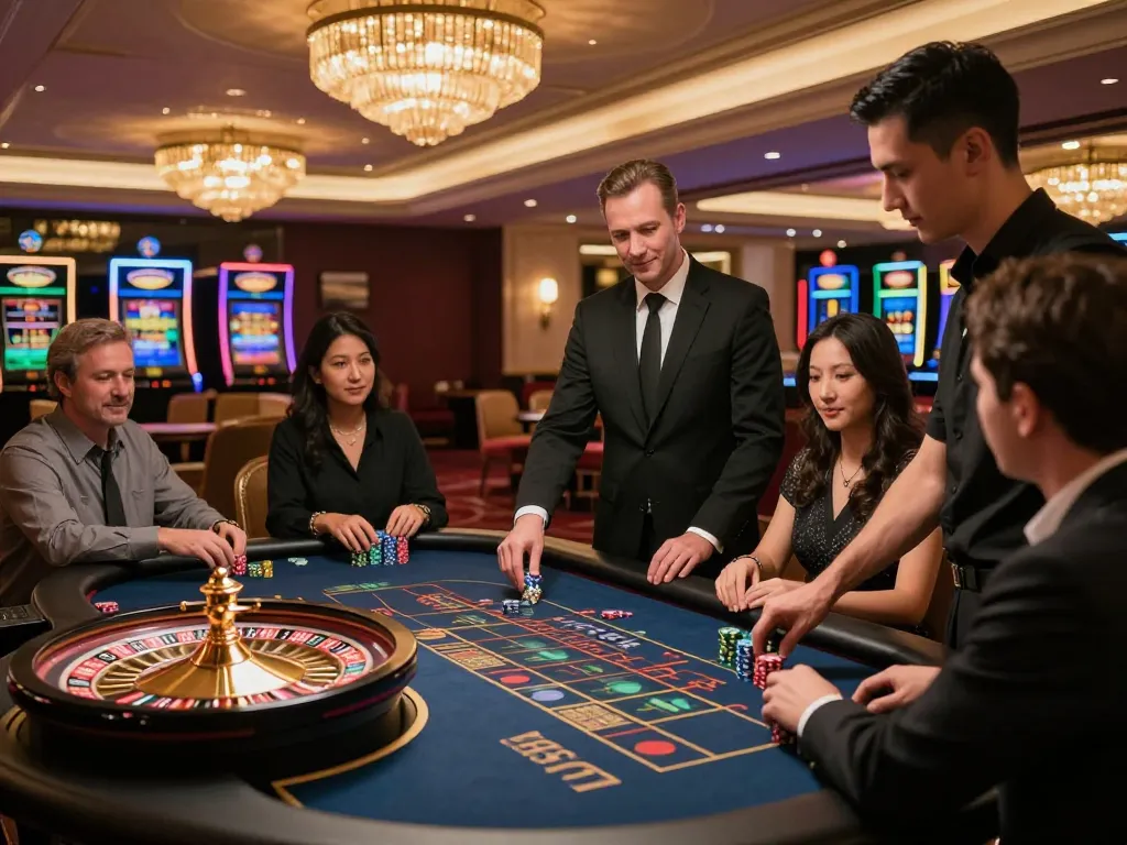 Players engaged in a thrilling roulette game at LV88 with professional dealer and ambient casino lighting