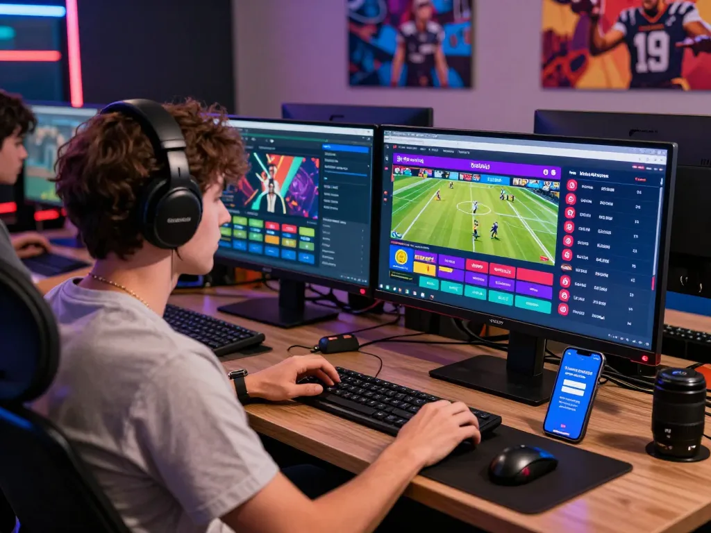 Engaged player exploring vsbet online betting platform with live odds and vibrant sports visuals