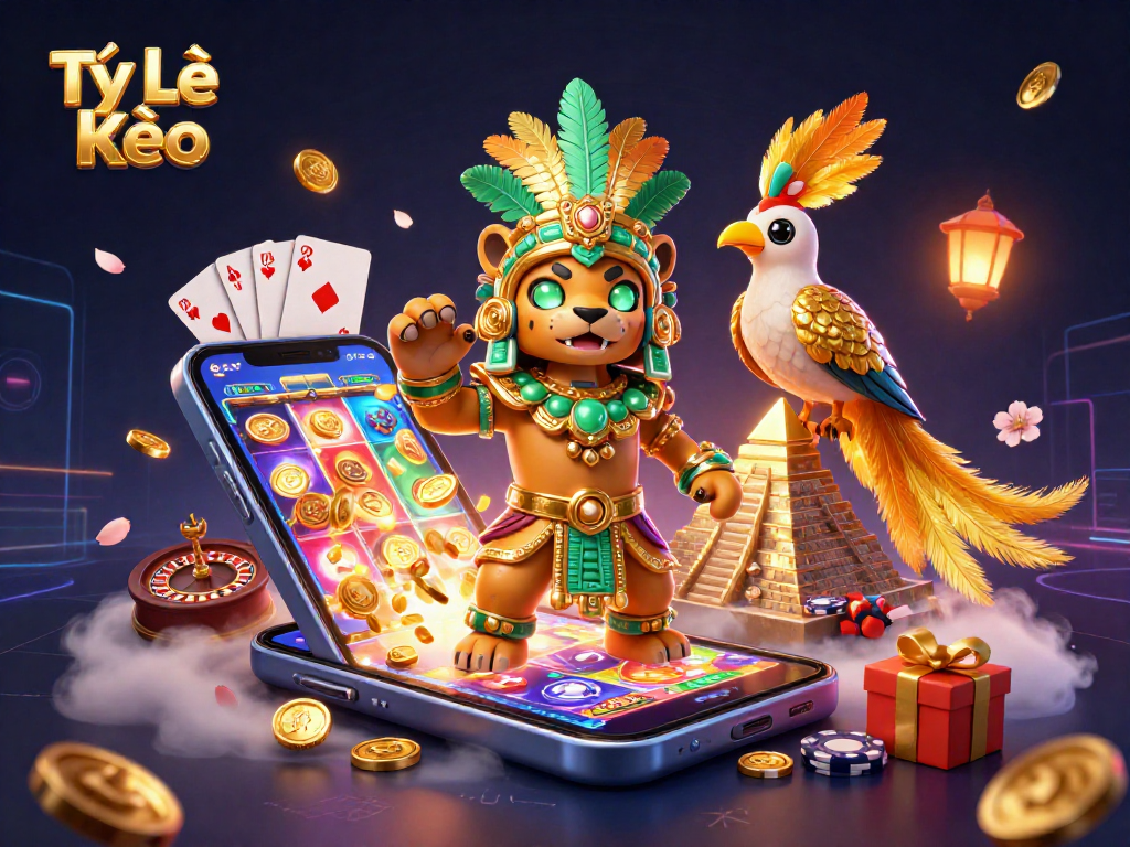 Tỷ Lệ Kèo showcases a spirited Mayan-themed casino scene with vibrant game elements.