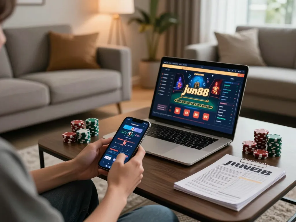 Playing mobile casino games with the thương hiệu jun88 app in a cozy living room setting