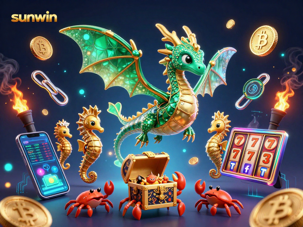 sunwin engages players with vibrant slot-themed 3D illustration featuring a luxurious sea dragon and modern crypto elements