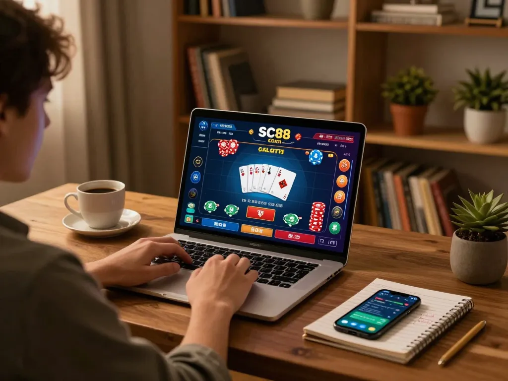 An engaged player using SC88 com to play online poker at home, showcasing a cozy and strategic gaming setup.