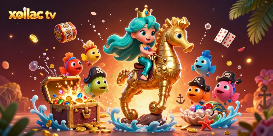 Xoilac TV engages viewers with vibrant, colorful gambling visuals of slots and treasures.