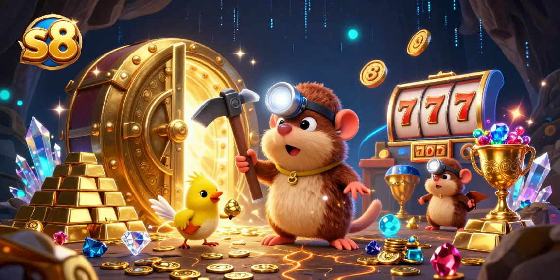 S8 casino treasure hunting adventure with glowing gems and vibrant slot reels