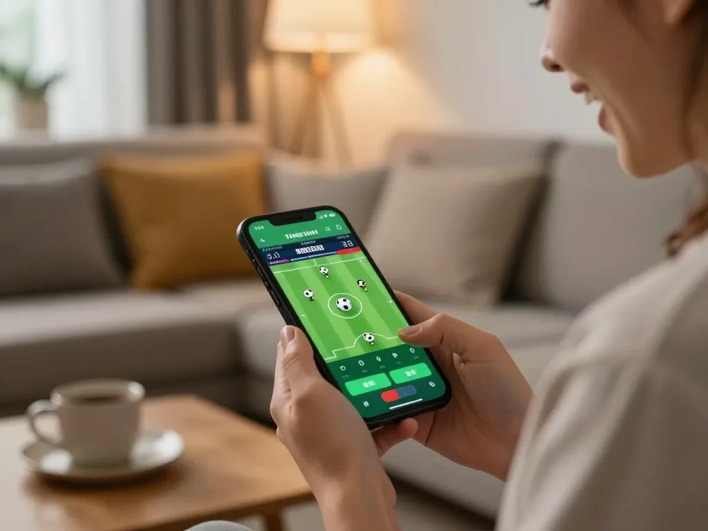 Engaged in trang cá cược bóng đá, a player places a live bet on a smartphone in a cozy home setting
