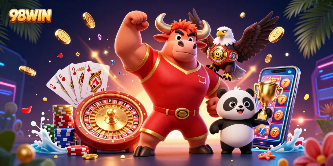Experience the excitement at 98WIN casino with thrilling games represented by a vibrant 3D illustration.