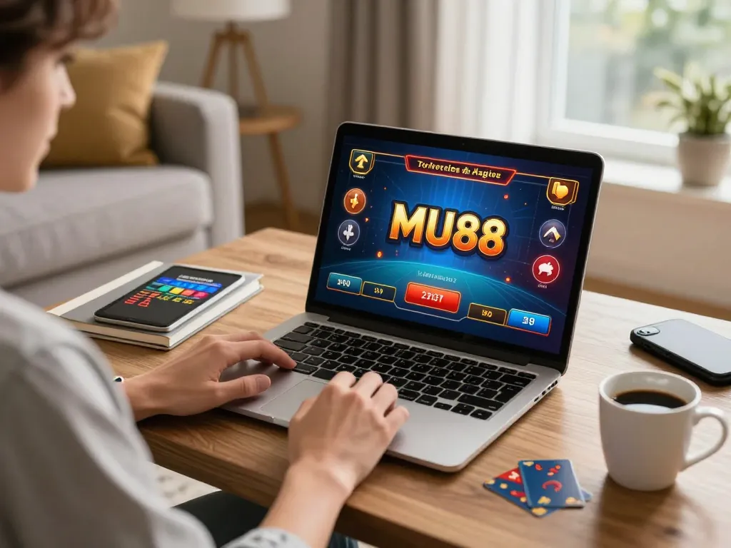 Engaging in online gaming at MU88 with strategic notes nearby in a cozy setting.
