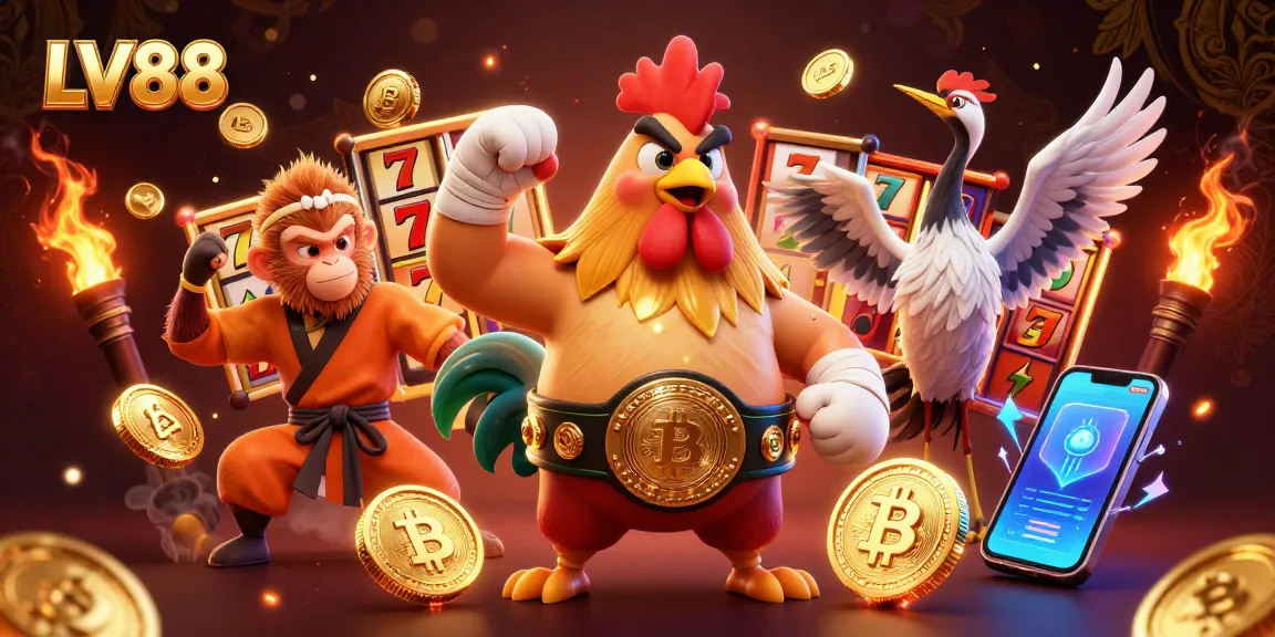 Engage with thrilling LV88 gaming experiences in a vibrant 3D illustration featuring dynamic characters and casino elements.