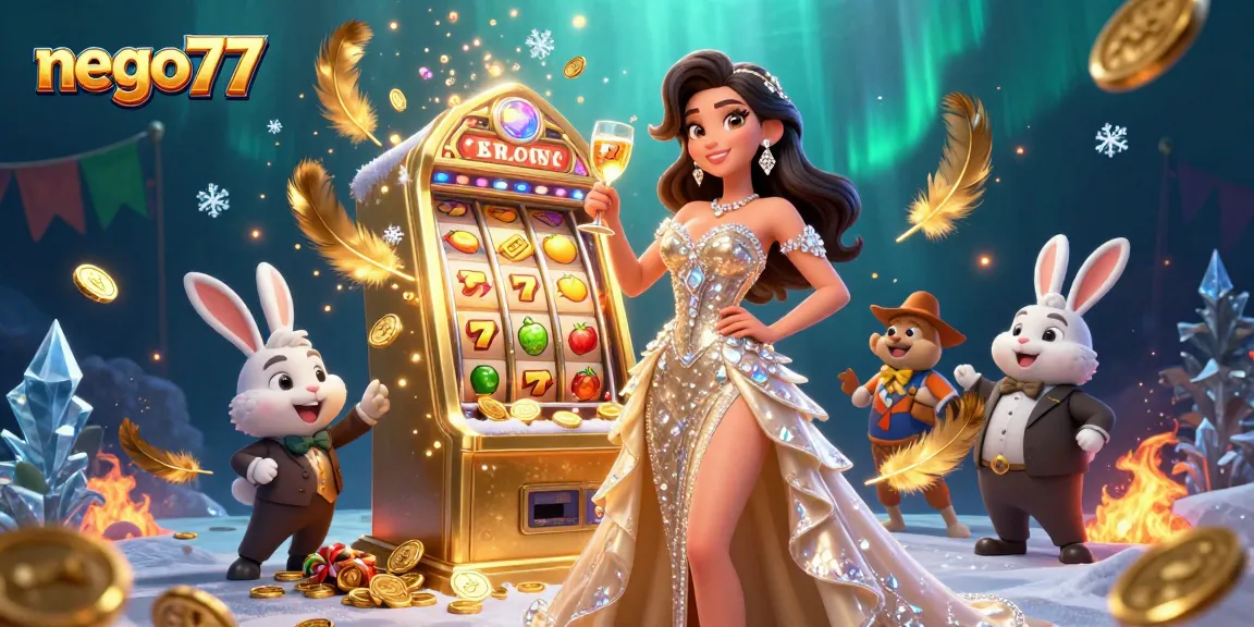 Nego77 players enjoying a winning moment beside a glowing jackpot slot machine.