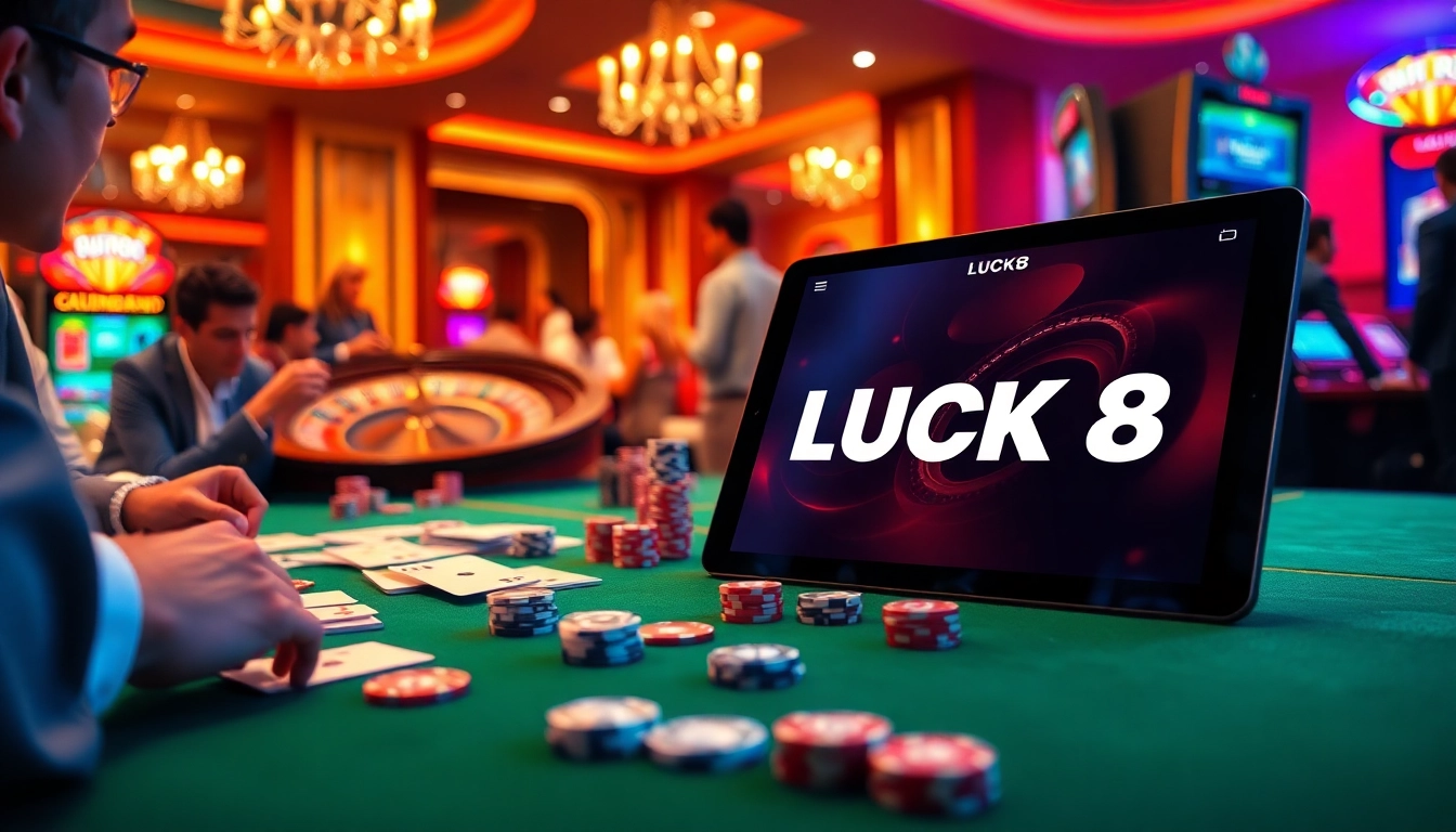 LUCK8 casino excitement featuring poker chips and a roulette wheel in a vibrant atmosphere.