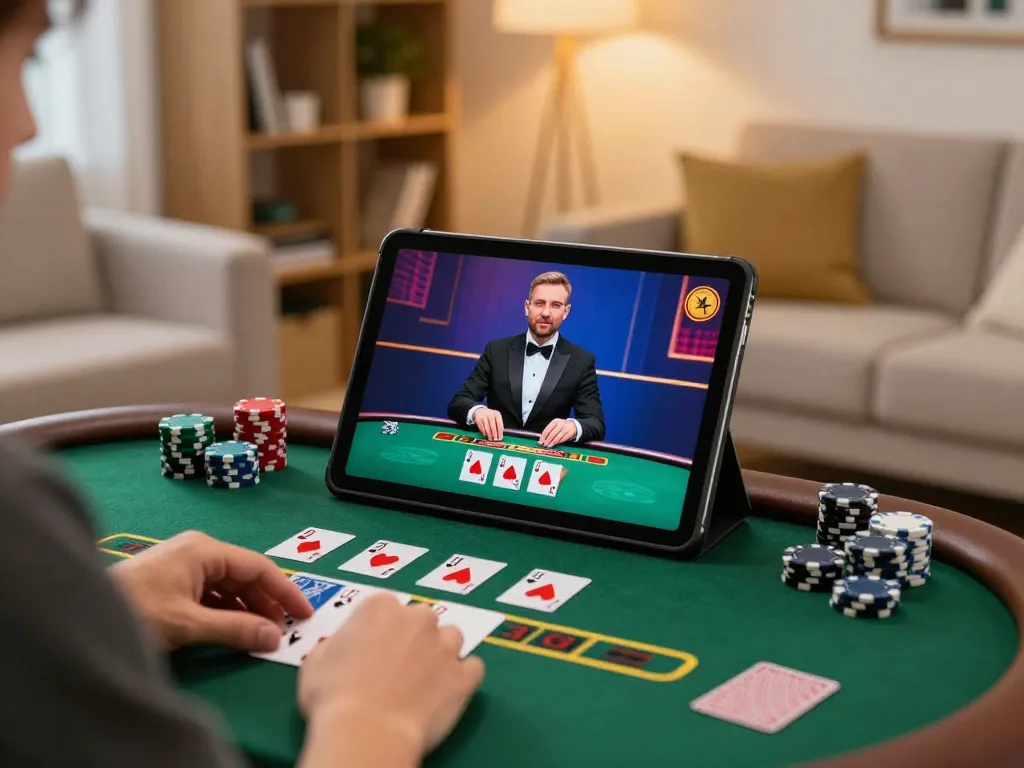 Engrossed player enjoying onbet blackjack on a tablet at home, showcasing responsible gaming.