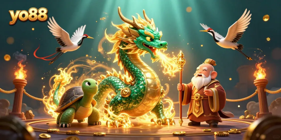 Experience thrilling gaming at yo88 with a majestic jade dragon amidst swirling gold and excitement.