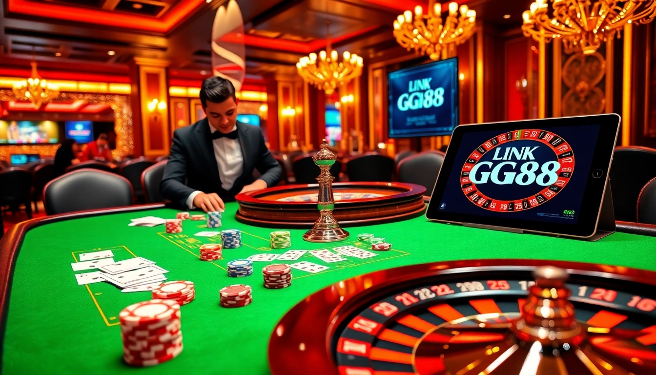 Engaging casino atmosphere highlighting LINK GG88 with vibrant poker chips and roulette.
