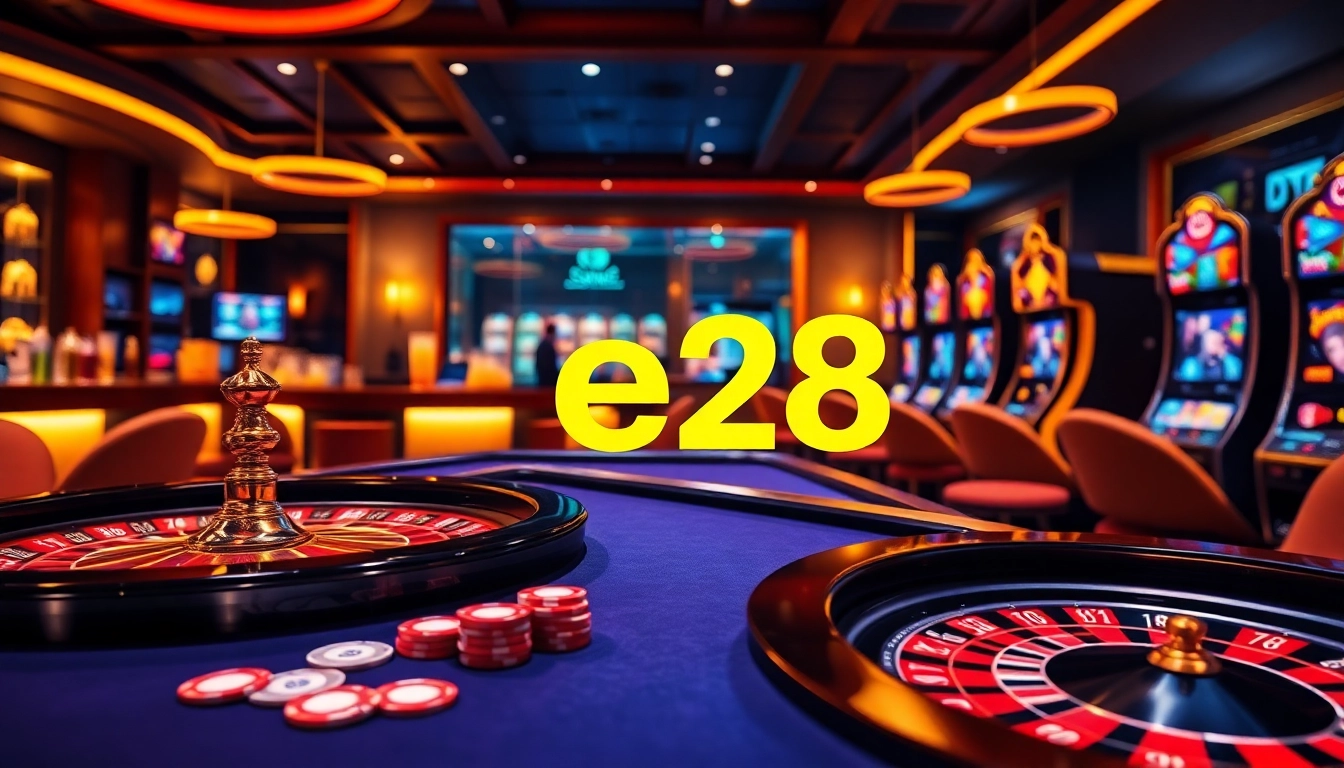 An immersive online casino experience featuring e28 malaysia with vibrant gaming tables, poker chips, and slot machines.