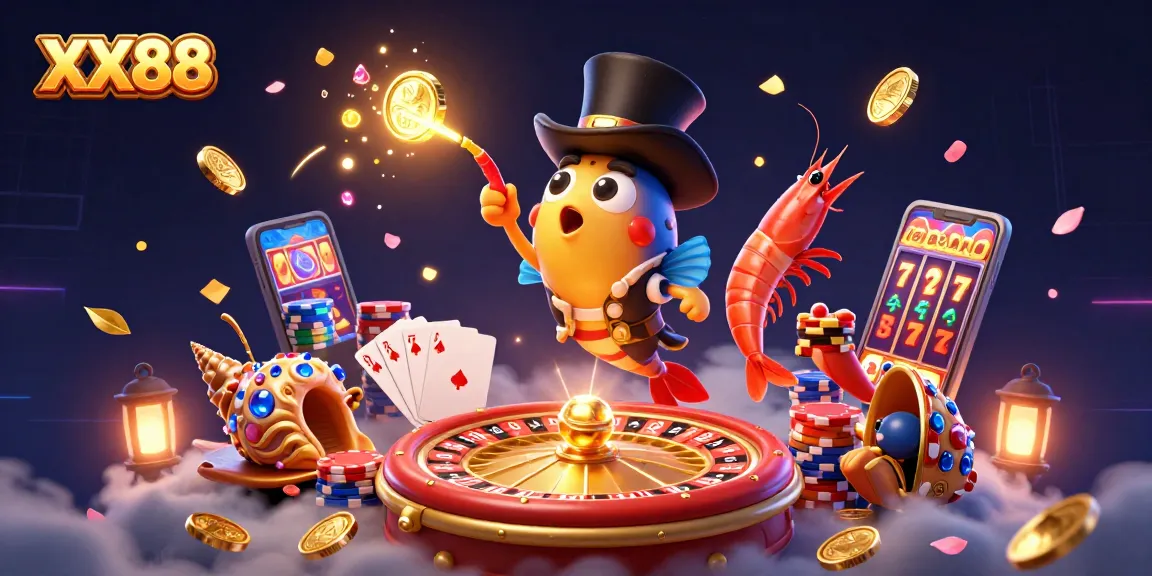 Engage with the excitement at XX88 featuring a dazzling 3D casino scene with tons of gold coins and vibrant game elements.