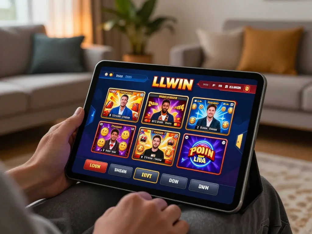 LLWIN app interface displayed on a tablet while a player engages in gaming at home.