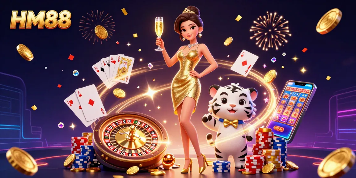 Join the excitement at HM88, revealing incredible games with vibrant visuals featuring a glamorous woman and a lucky tiger.