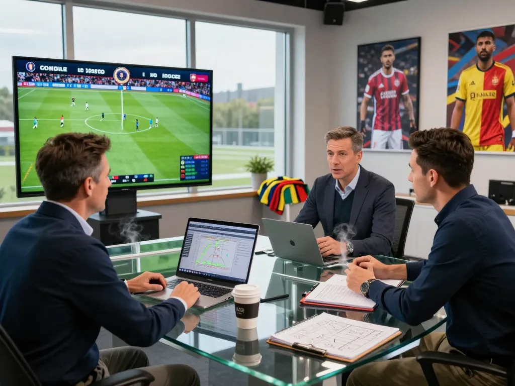 Expert analysts discussing soccer picks and match stats in a vibrant sports studio.