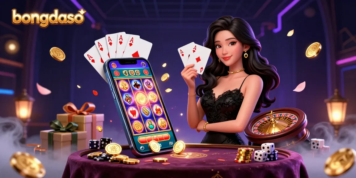 Bongdaso showcases a stunning scene of an elegant Asian woman holding playing cards, set in a vibrant casino atmosphere, emphasizing gambling excitement.