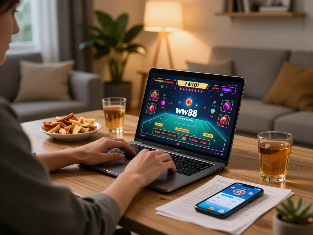 Experience online gaming at ww88 with a cozy setup featuring snacks and the casino app