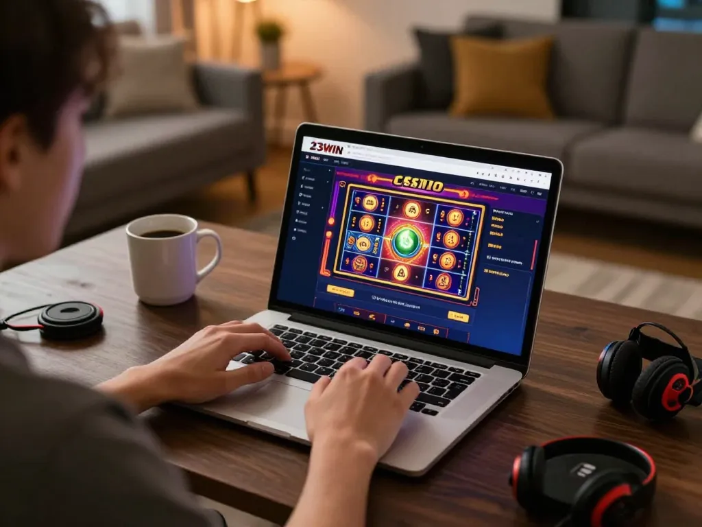 Player engaging with the 23Win online casino on laptop, showcasing vibrant gambling action