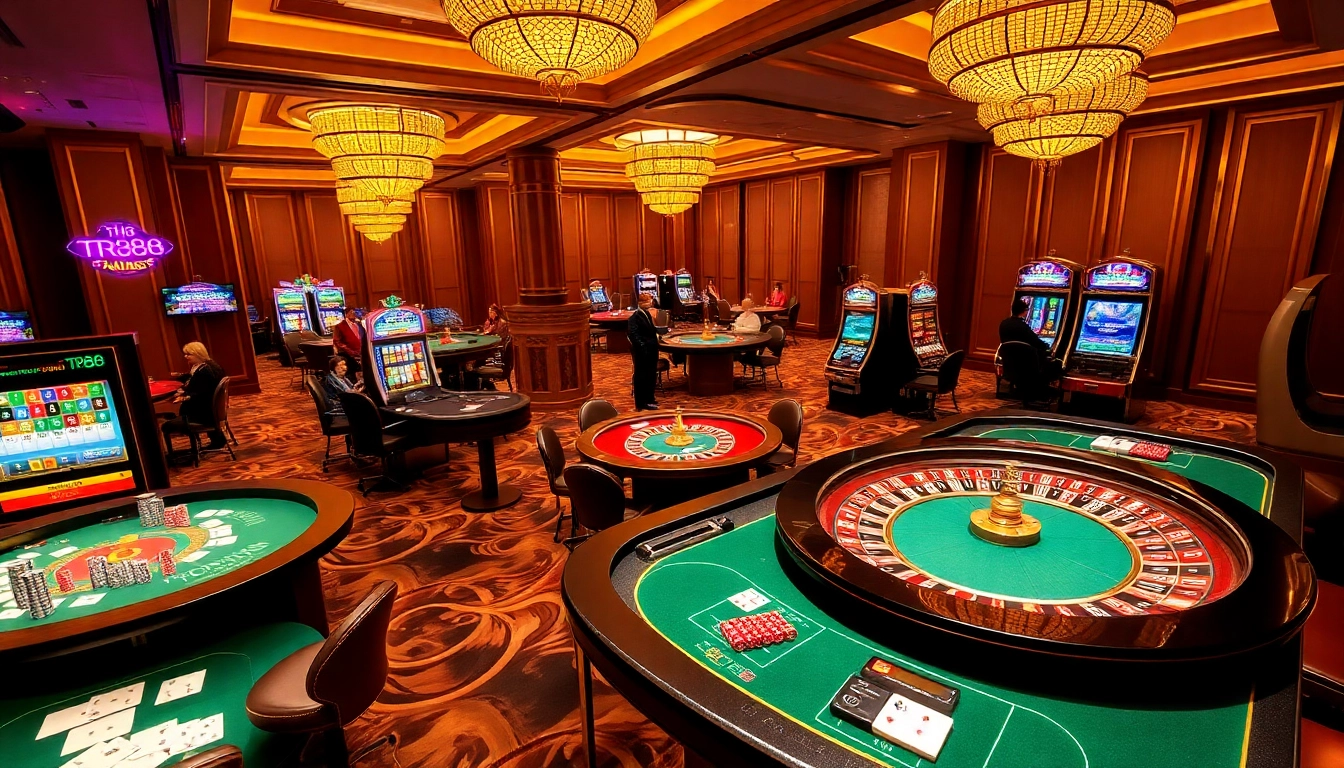Engaging players at luxurious casino tables featuring TR88 betting strategies and vibrant casino ambiance.
