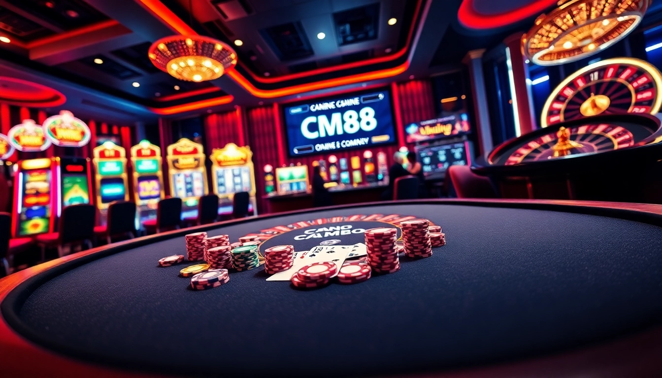 Experience the thrill of gambling at CM88 with colorful poker chips and vibrant slots.