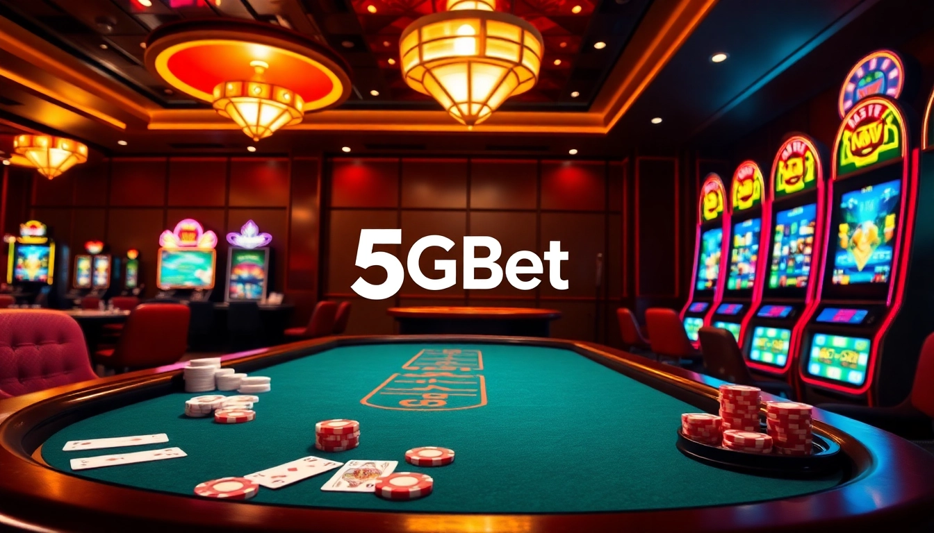 5gbetbr.com.br showcases a vibrant and luxurious gaming scene with poker tables, roulette wheels, and slot machines.