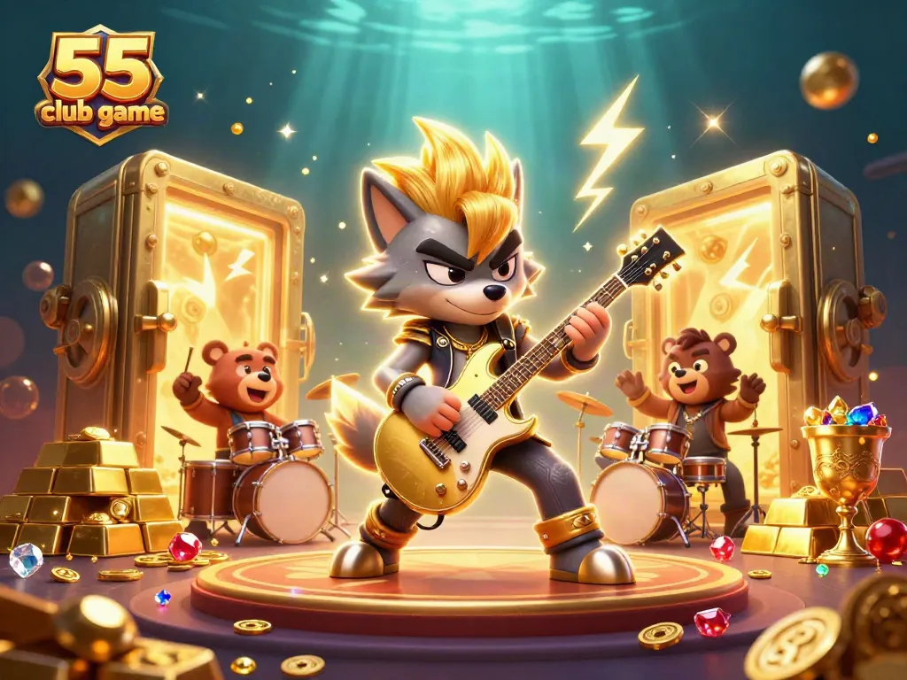 Experience the thrill of the 55 club game with a captivating casino celebration featuring animated characters and treasures.