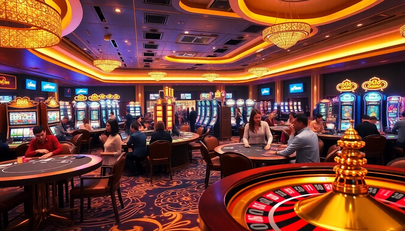 Experience the thrill of OKFUN Casino with vibrant gaming action at luxurious tables and slot machines.