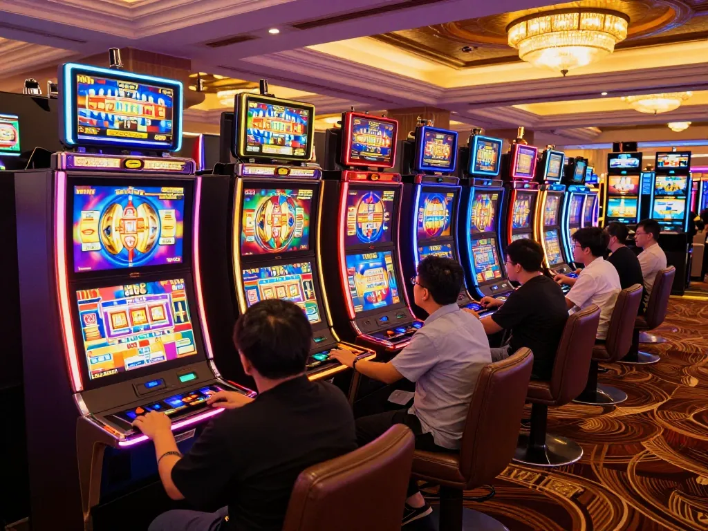 Engaged players enjoying Slot Malaysia attractions on colorful slot machines in a vibrant casino.