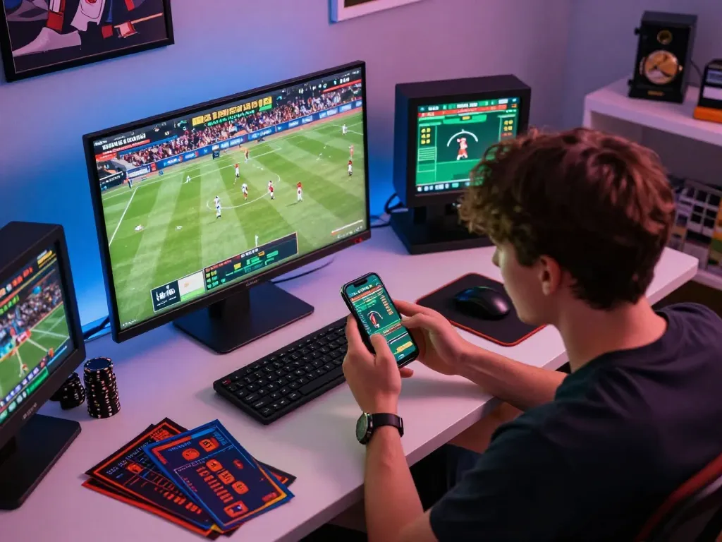 Betting on live sports through the UG88 platform, capturing the thrill of online gambling in a modern setup.