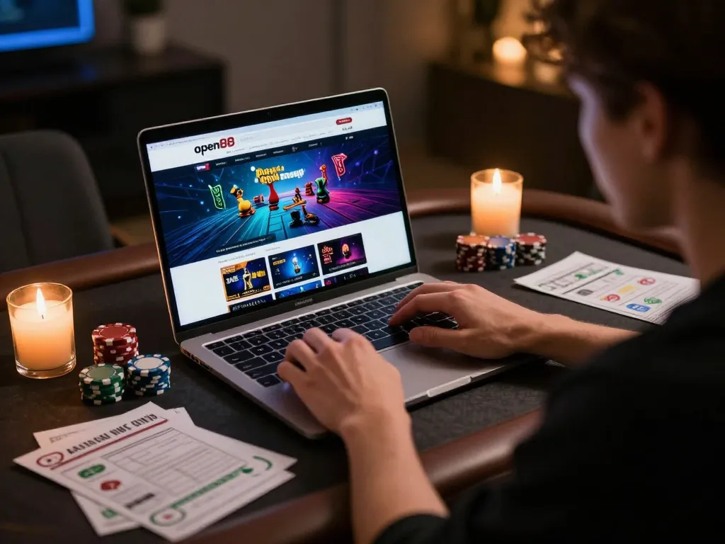 Play engaging games on open88 com with a user enjoying a laptop setup in a cozy atmosphere.