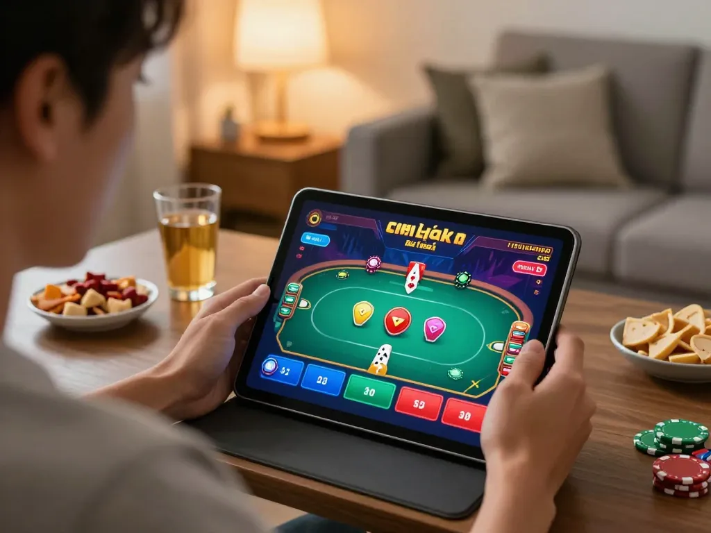 Engaging in game đổi thưởng on a tablet, showcasing vibrant poker action in a cozy home environment.