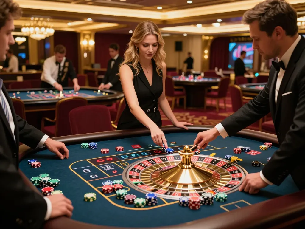 FLY88 roulette game in action with players eager to win, vibrant atmosphere, and luxurious casino decor.