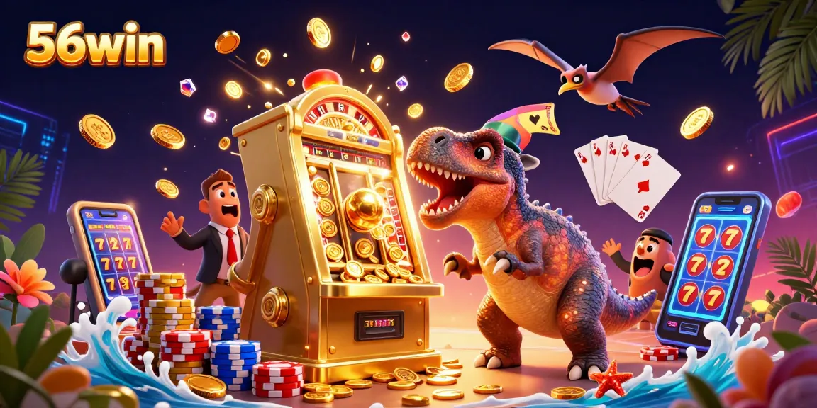 Experience the excitement of 56win with a vivid 3D casino scene showcasing jackpot moments and winning coins.