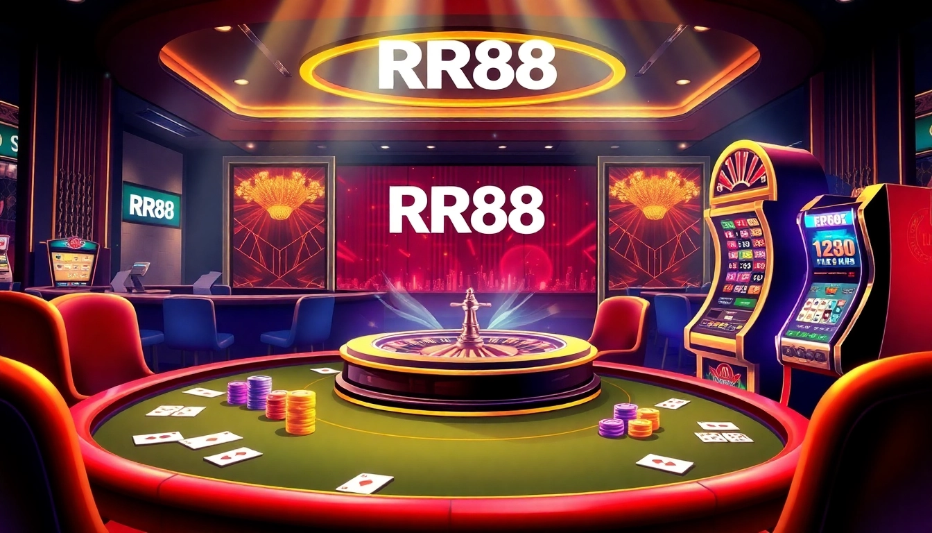 Experience the thrill of RR88 at a luxurious casino table with poker chips and cards.