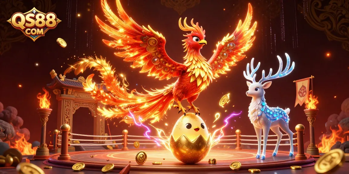 Engage with QS88 COM for thrilling gaming action featuring phoenix and stag in a lively casino setting.