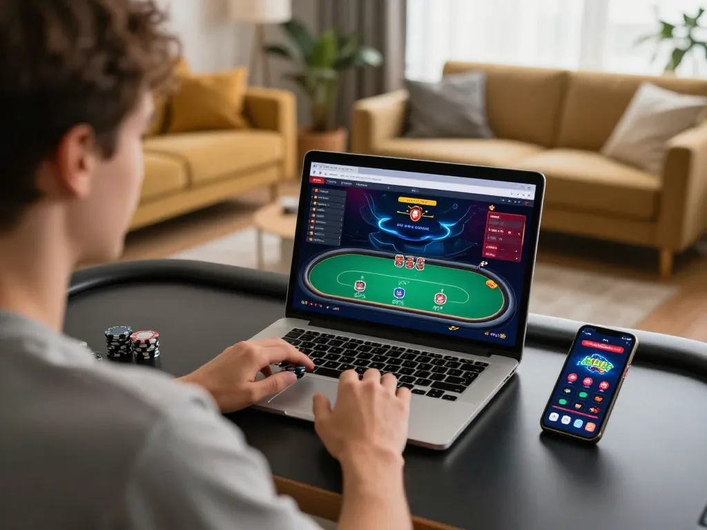 Player engaging in online poker on laptop, showcasing hay win opportunities with a focused strategy.