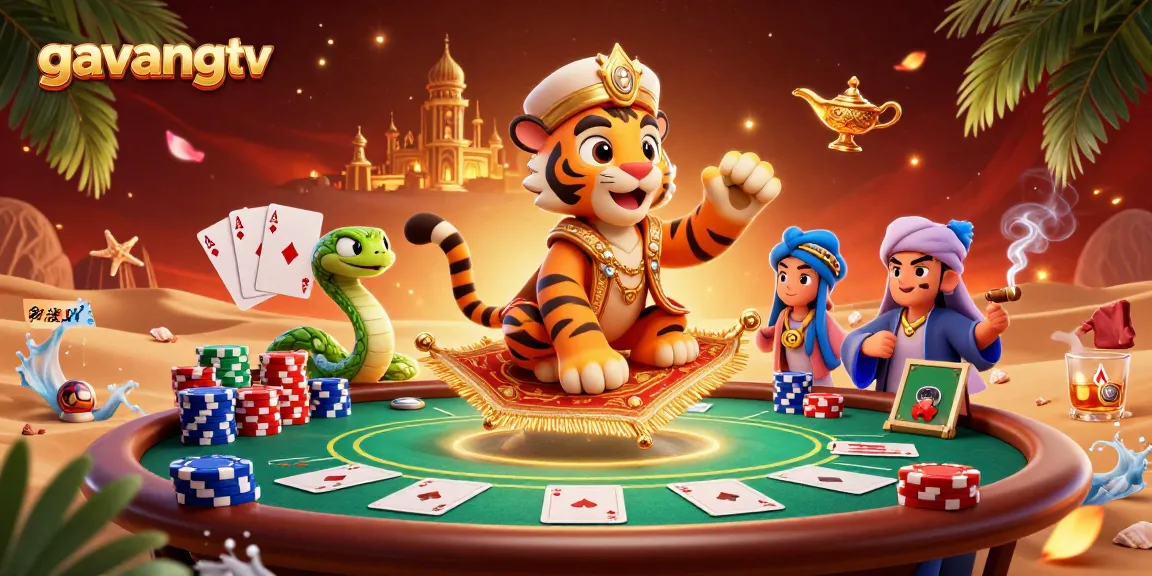 Experience thrilling action with gavangtv's vibrant casino illustration featuring poker chips, a tiger sultan, and rich game elements.