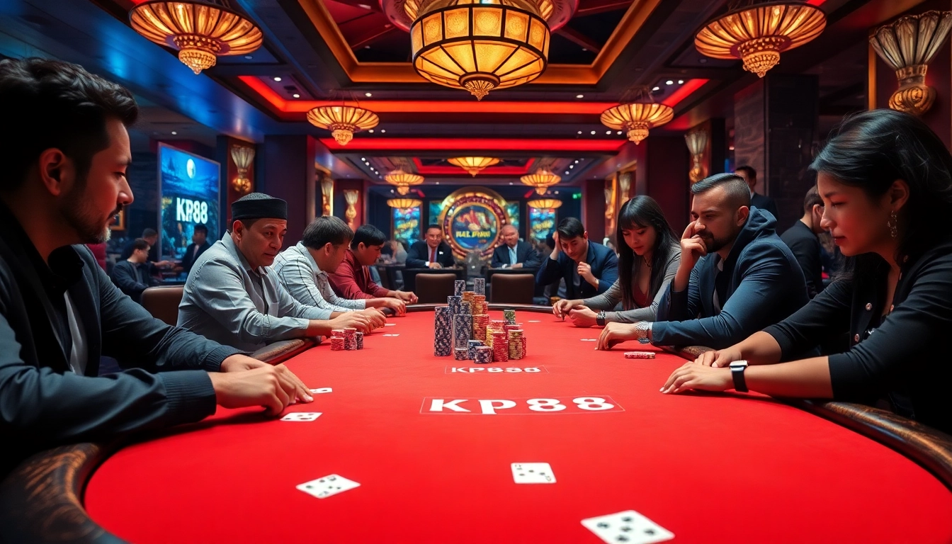 KP88 players enjoying an intense poker game at a luxurious casino table with vibrant chips.