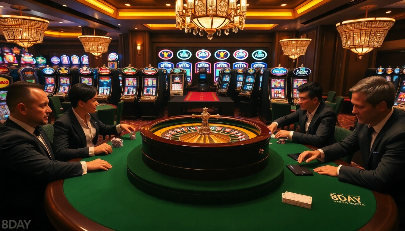 Intense poker action at 8DAY casino with players surrounded by vibrant roulette and slot machines.