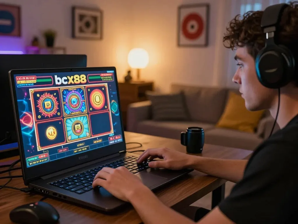 Engaging in bcx88 online slots with a tablet in a cozy, well-lit gaming setup, showcasing strategic play.