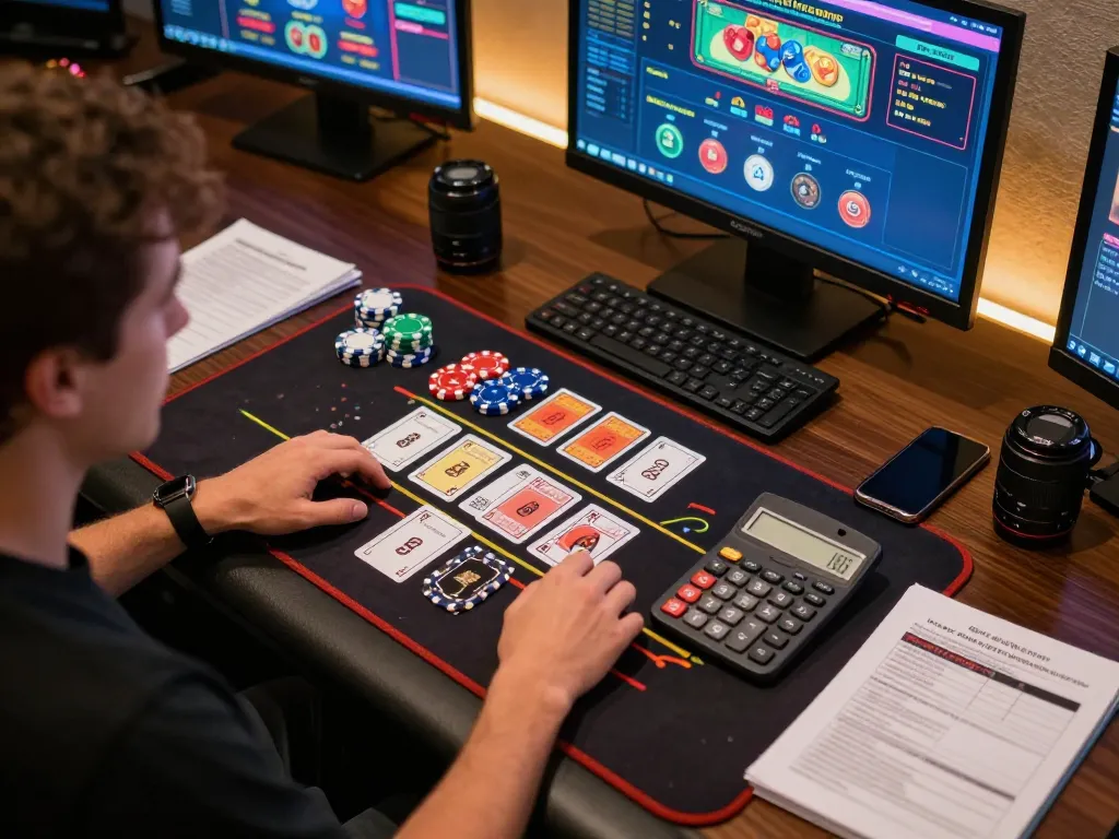 Engaging online gambling experience at nhacaiuytinn with multi-game displays, chips, and strategic notes.