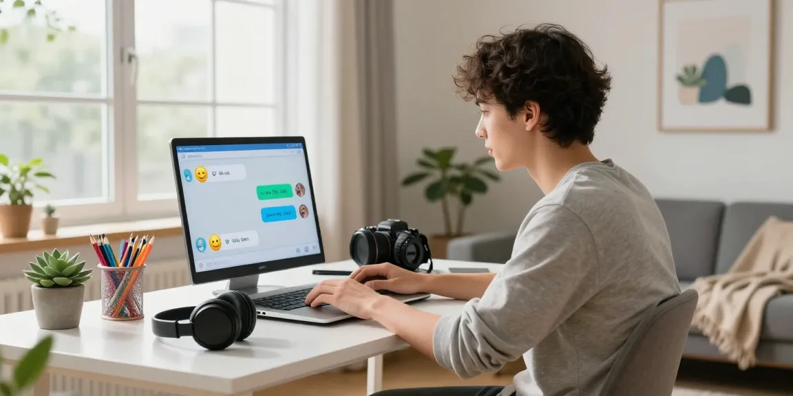 Engaging young adult in a modern home office using sex chat AI on a laptop, vibrant atmosphere.